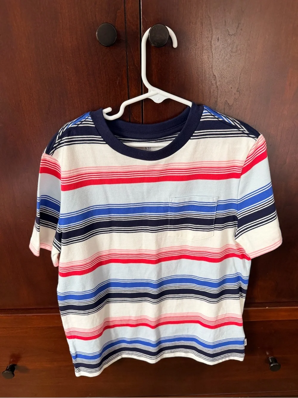 GAP White Short Sleeve Tee with Red, Blue & Navy Stripes